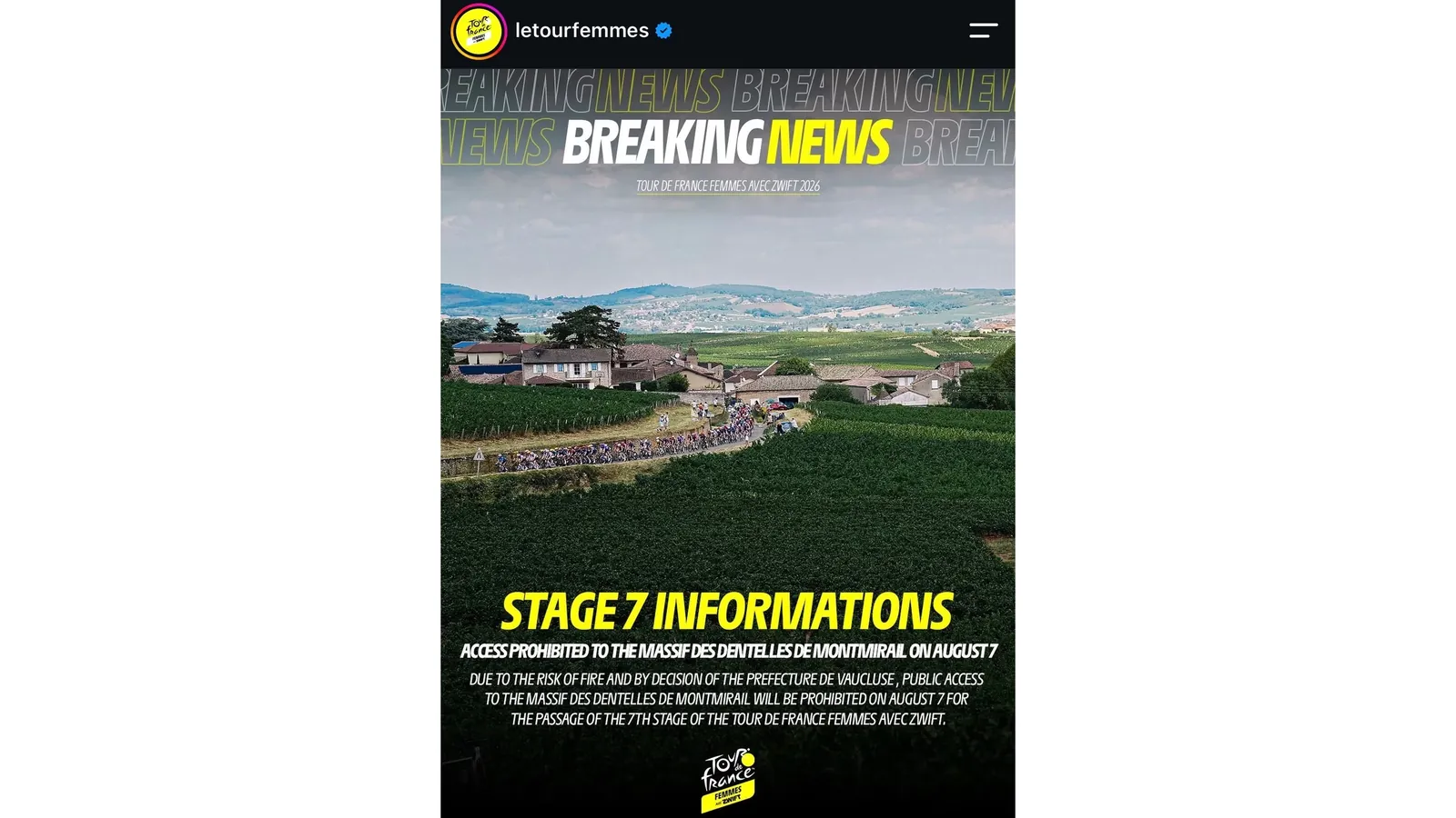 Aankondiging van de Tour-organisatie dat er geen toeschouwers toegestaan zijn bij een deel van de route naar Mont Ventoux.